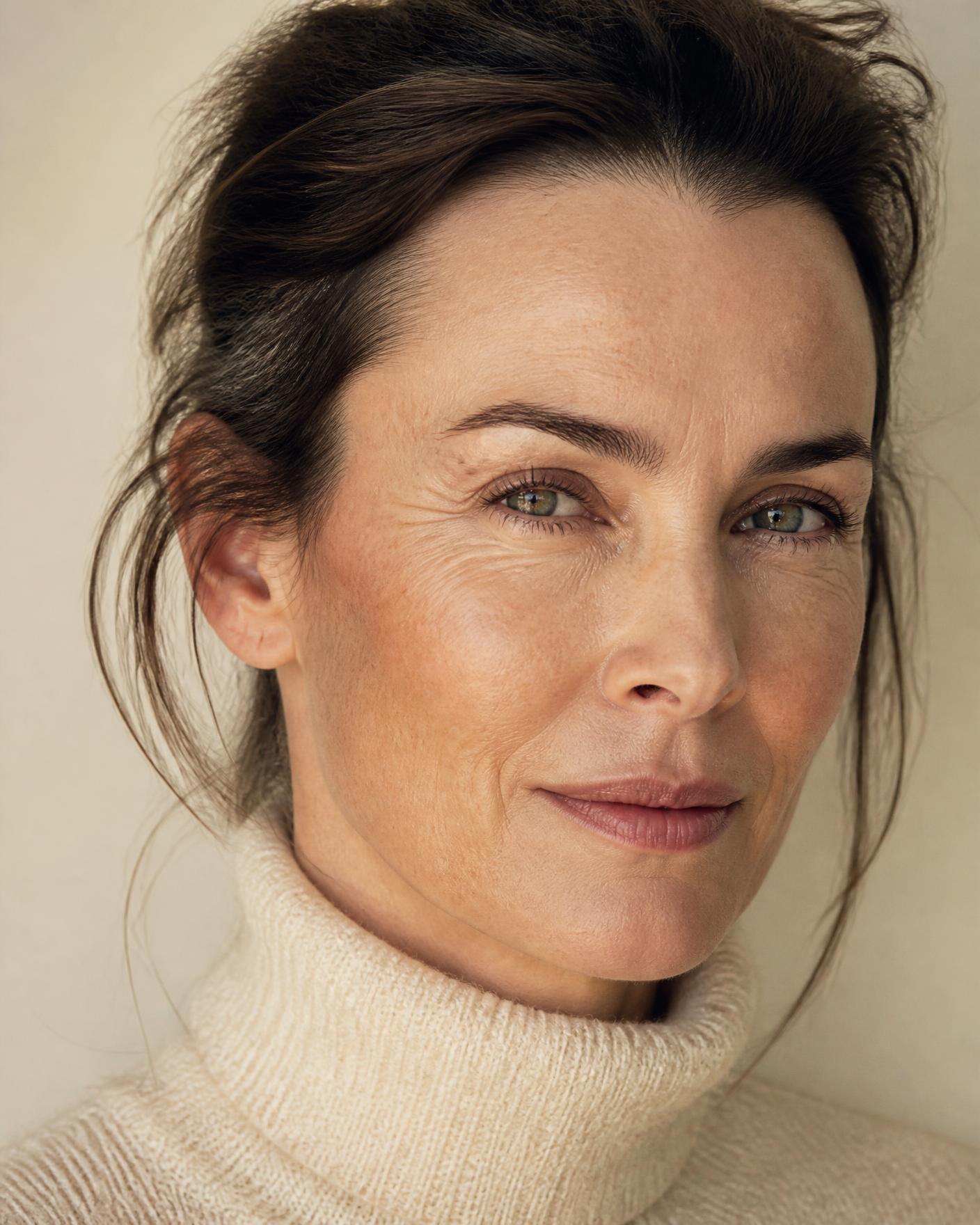 Editorial portrait of a woman with natural skin texture and a calm, confident expression