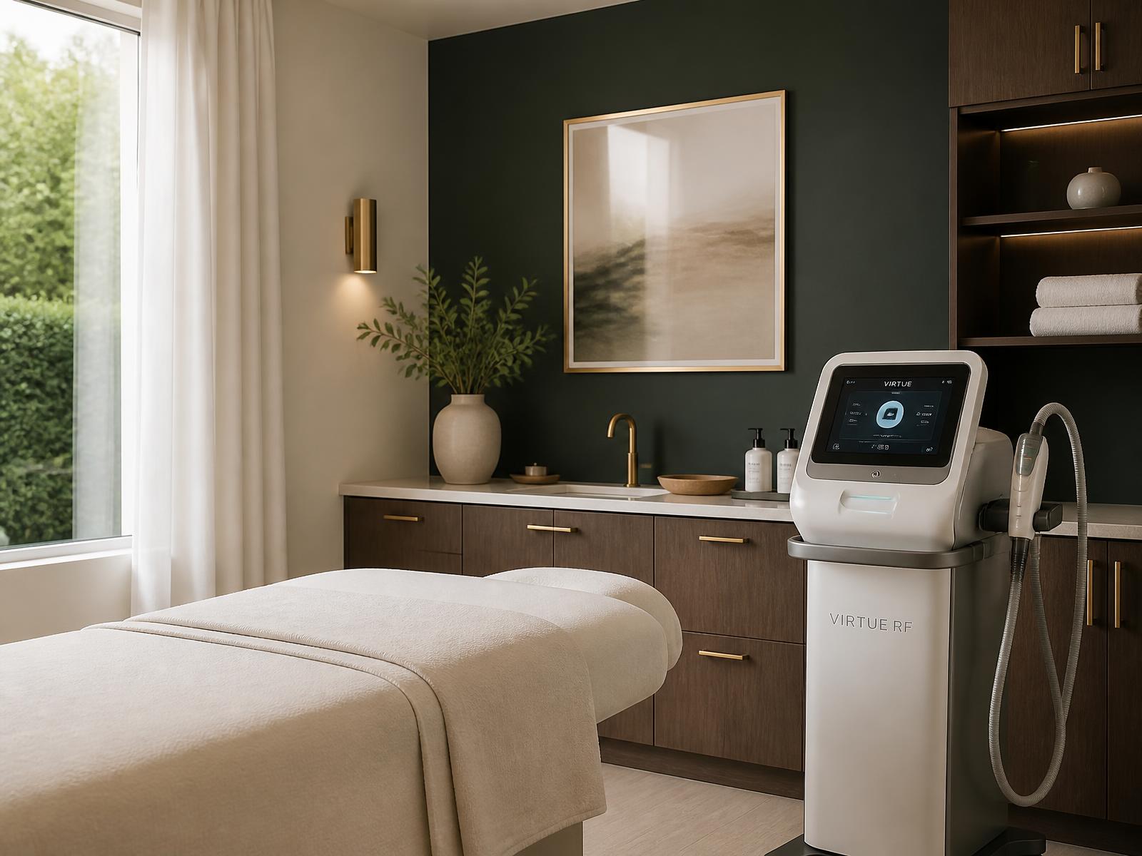 Minimal treatment room with an advanced radiofrequency aesthetic device beside walnut cabinetry