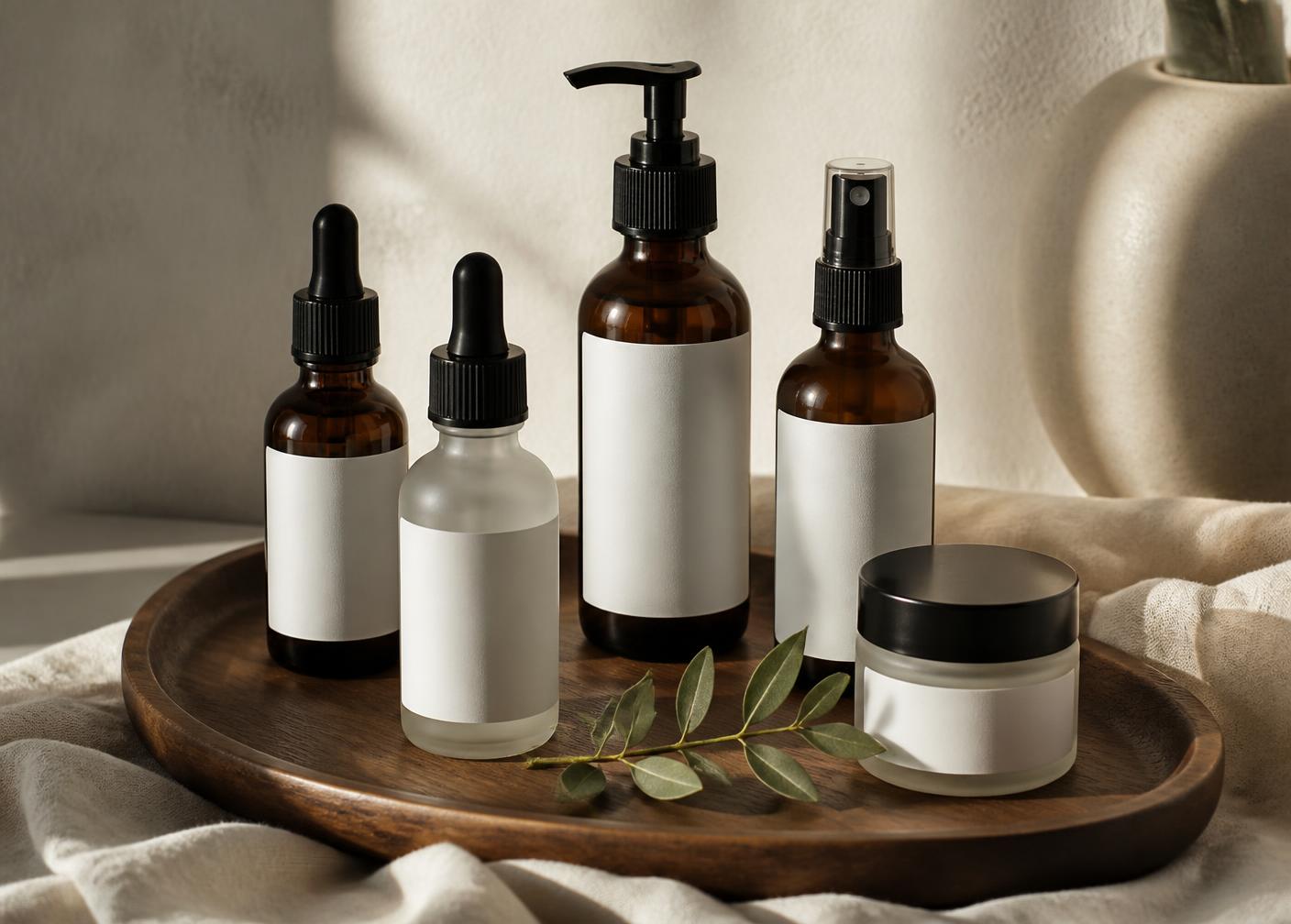 Physician selected skincare bottles arranged on a walnut tray in soft daylight