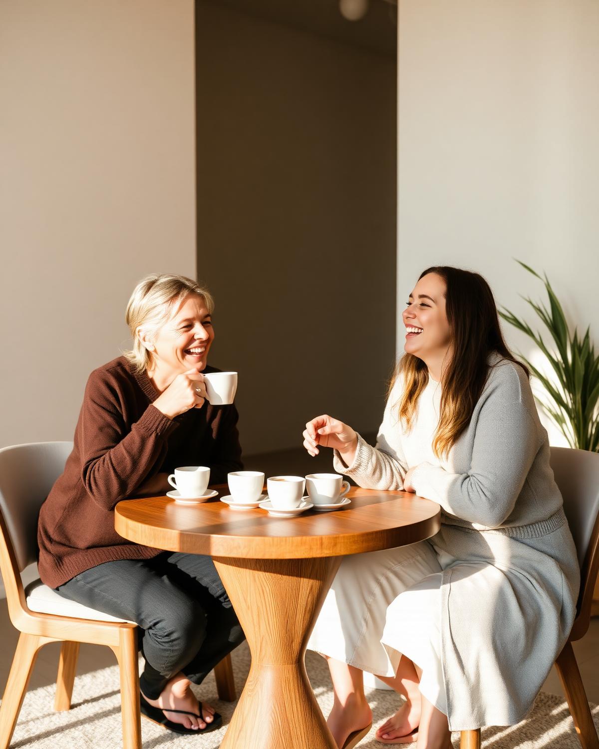 Two members laughing over espresso at a walnut table
