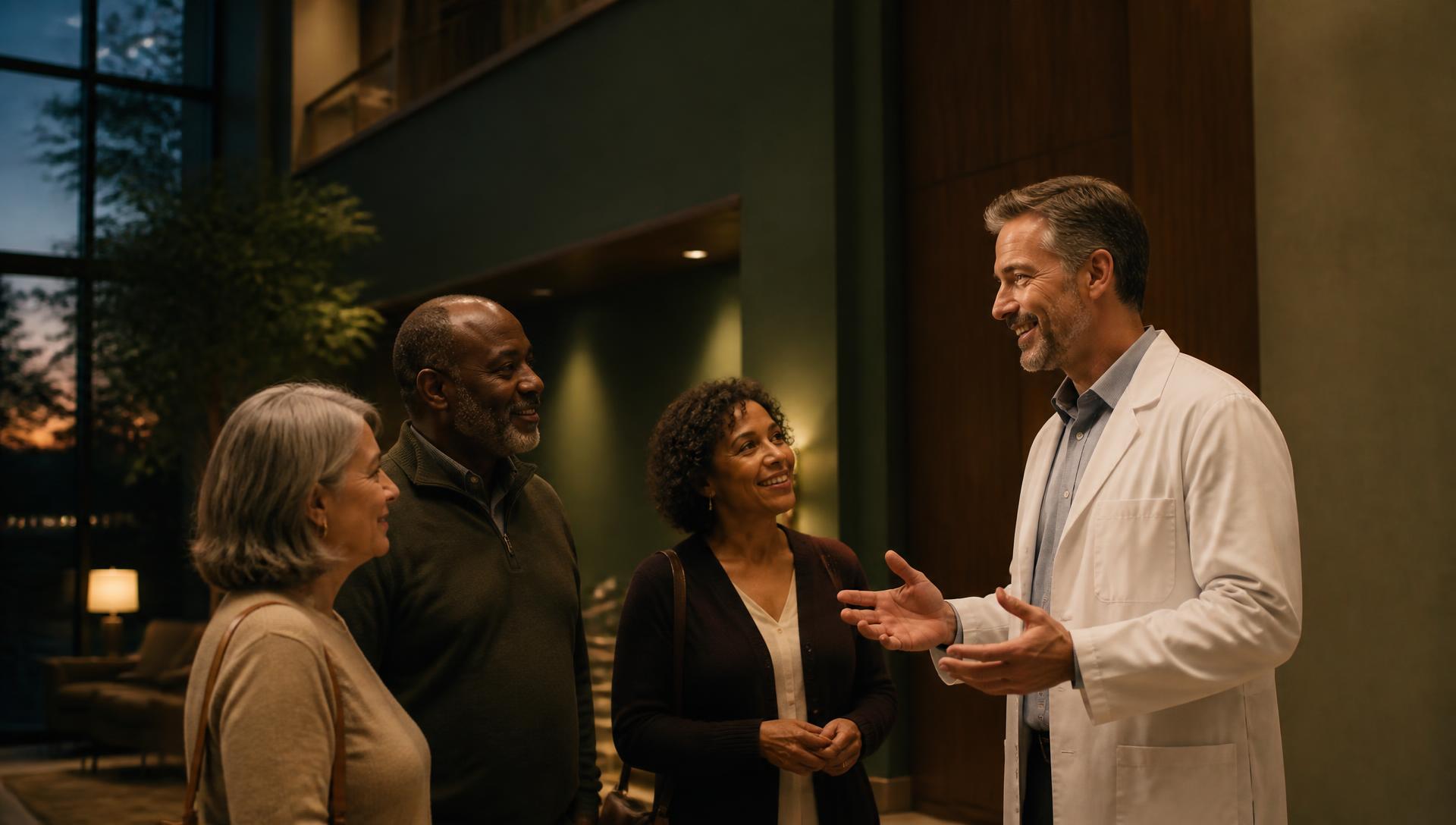Dr. Carpenter speaking warmly with community members in the clinic atrium at dusk