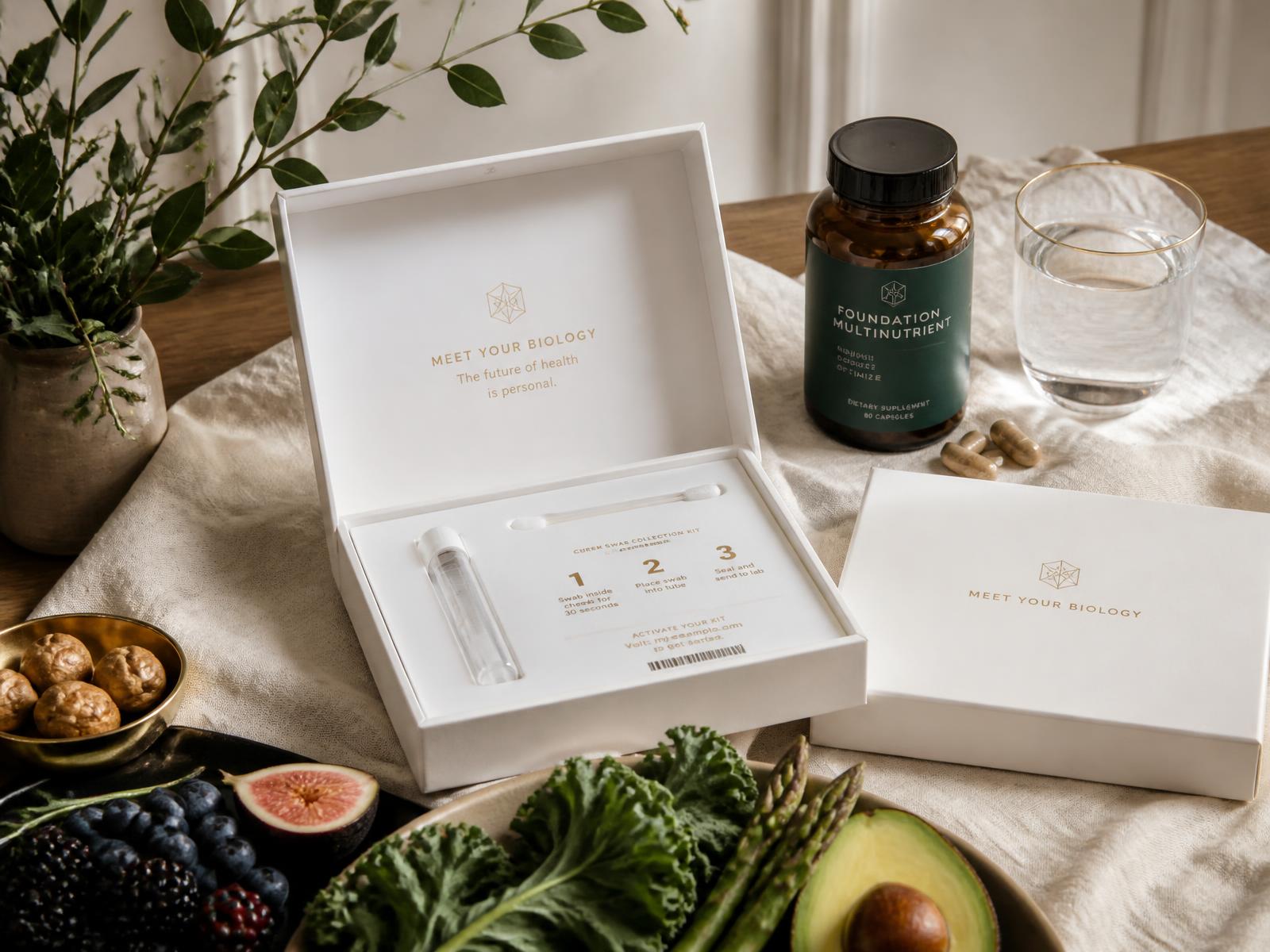 Elegant DNA cheek swab collection kit beside fresh whole foods and a supplement bottle on warm ivory linen