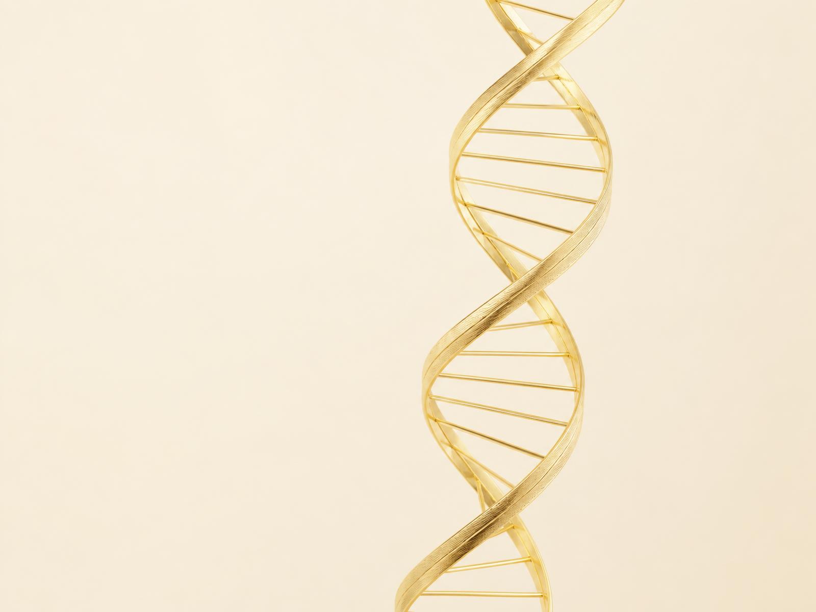 Minimal gold double helix DNA illustration on a warm ivory background