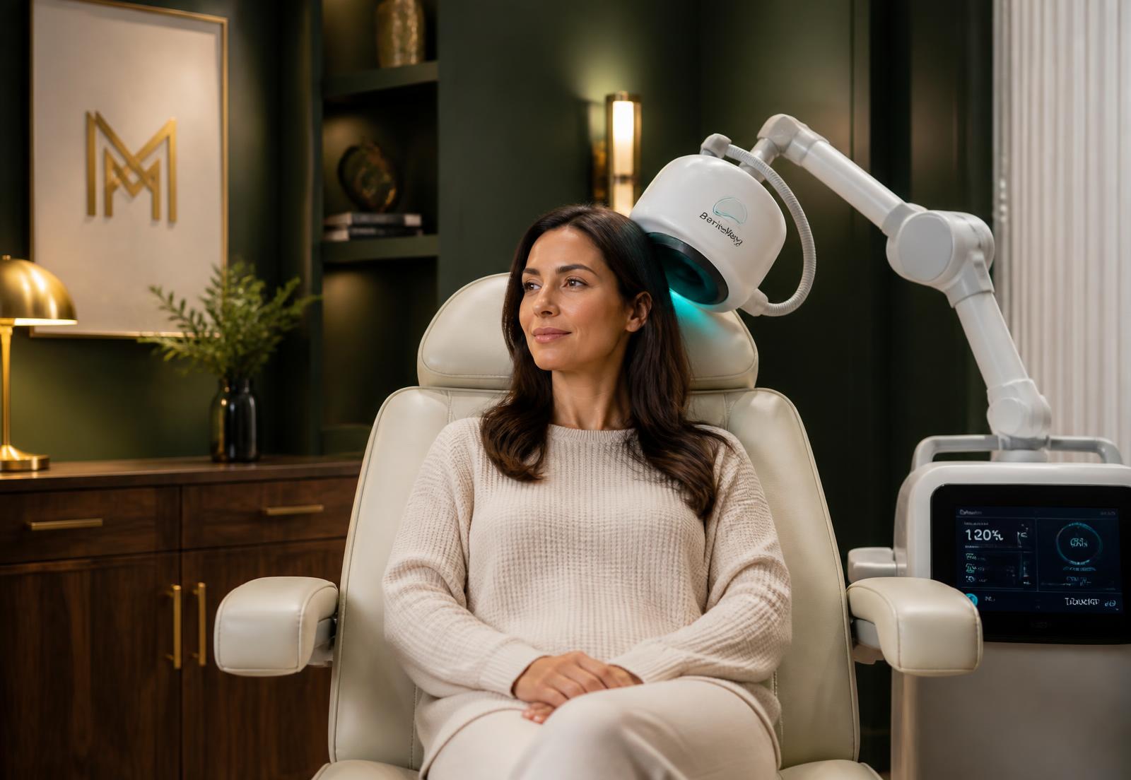 A calm patient seated in an elegant treatment chair with the Exomind applicator positioned near the head