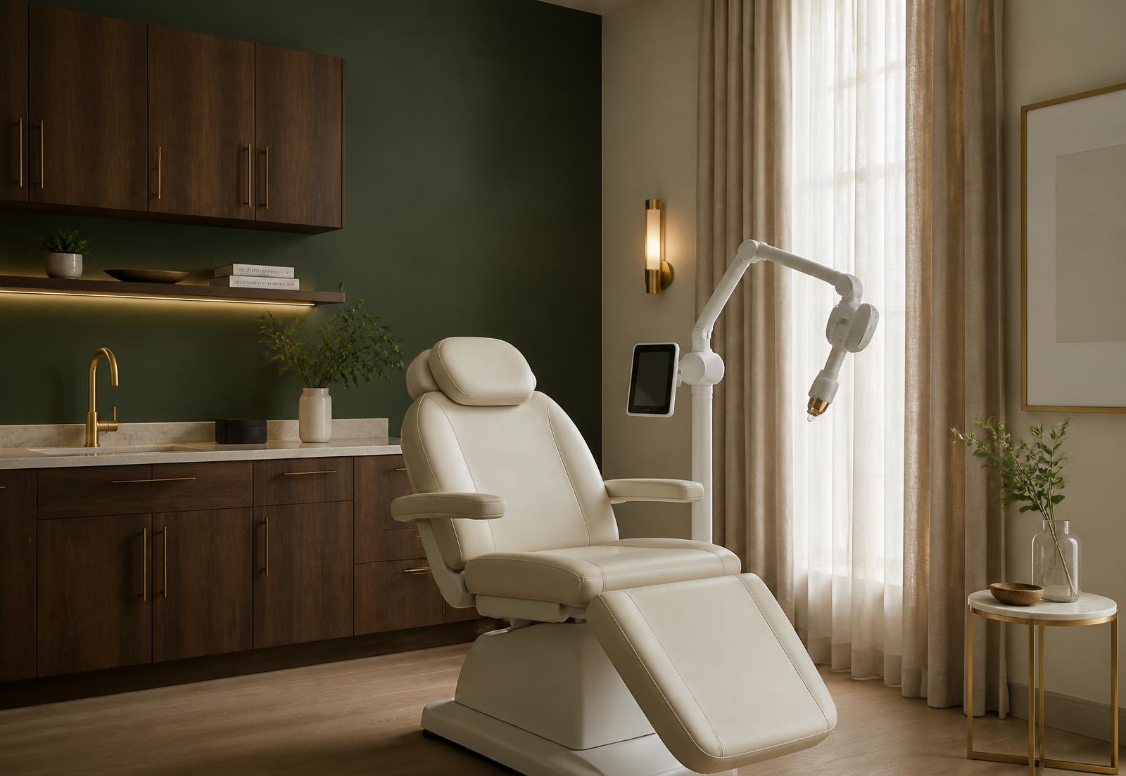 Private Exomind treatment room with a cream leather chair, walnut cabinetry, and a hands free device arm