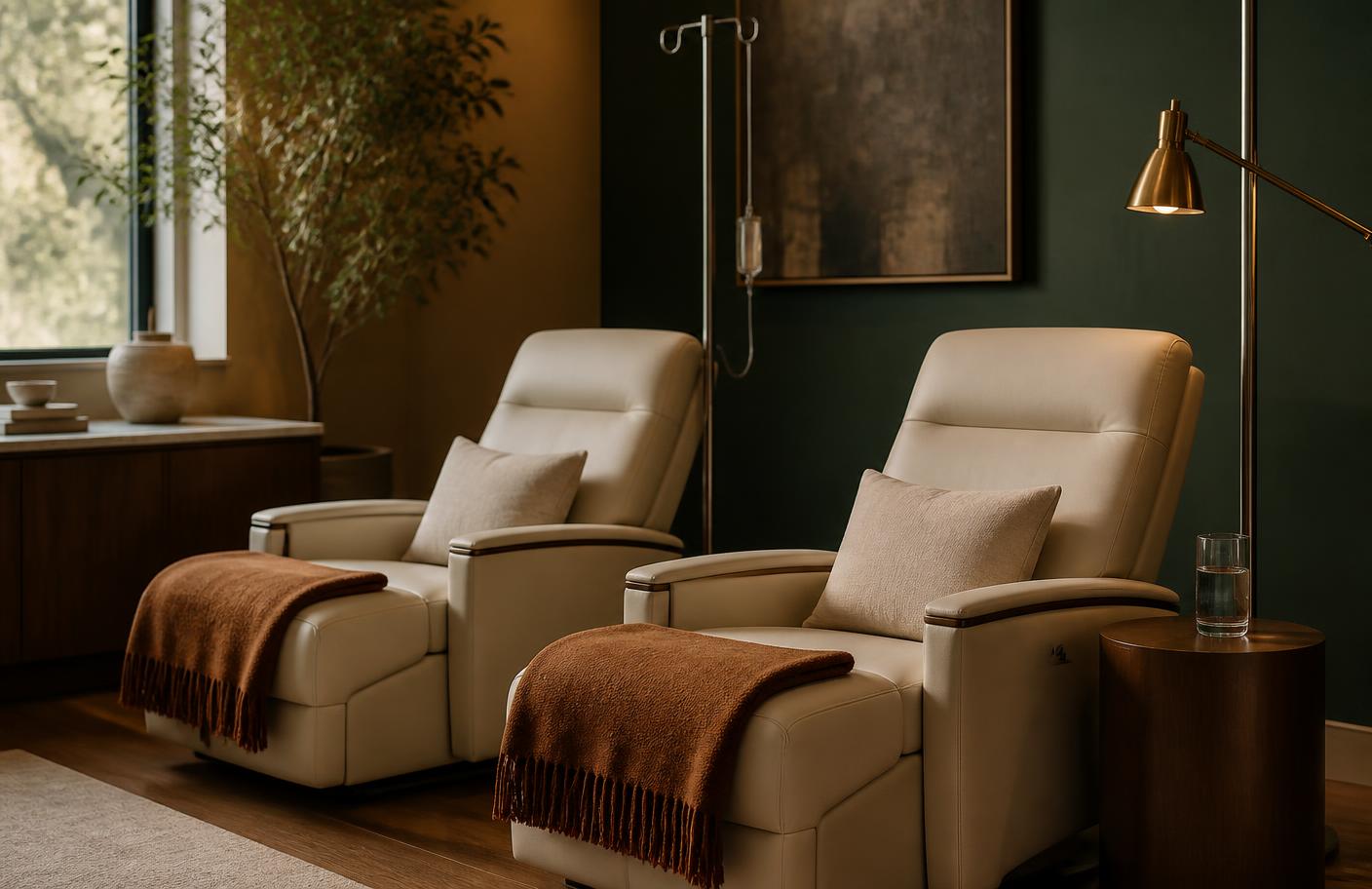 Two cream infusion recliners with warm blankets in a quiet forest green treatment lounge