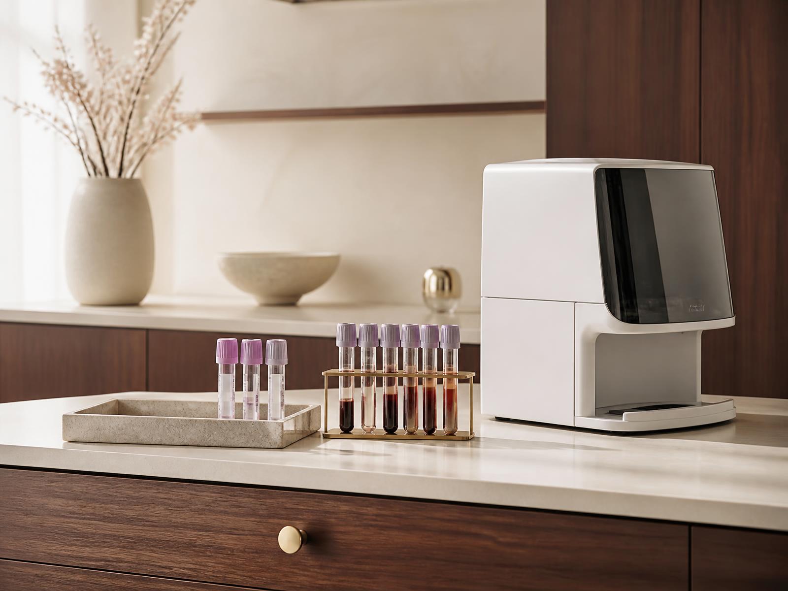 Blood collection vials on a brass rack beside a modern diagnostic analyzer in a warm ivory and walnut clinic