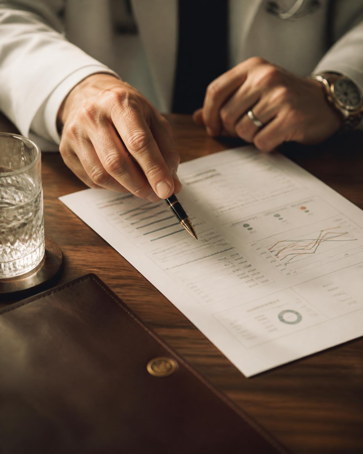 A physician's hand pointing to a printed laboratory report on a walnut desk