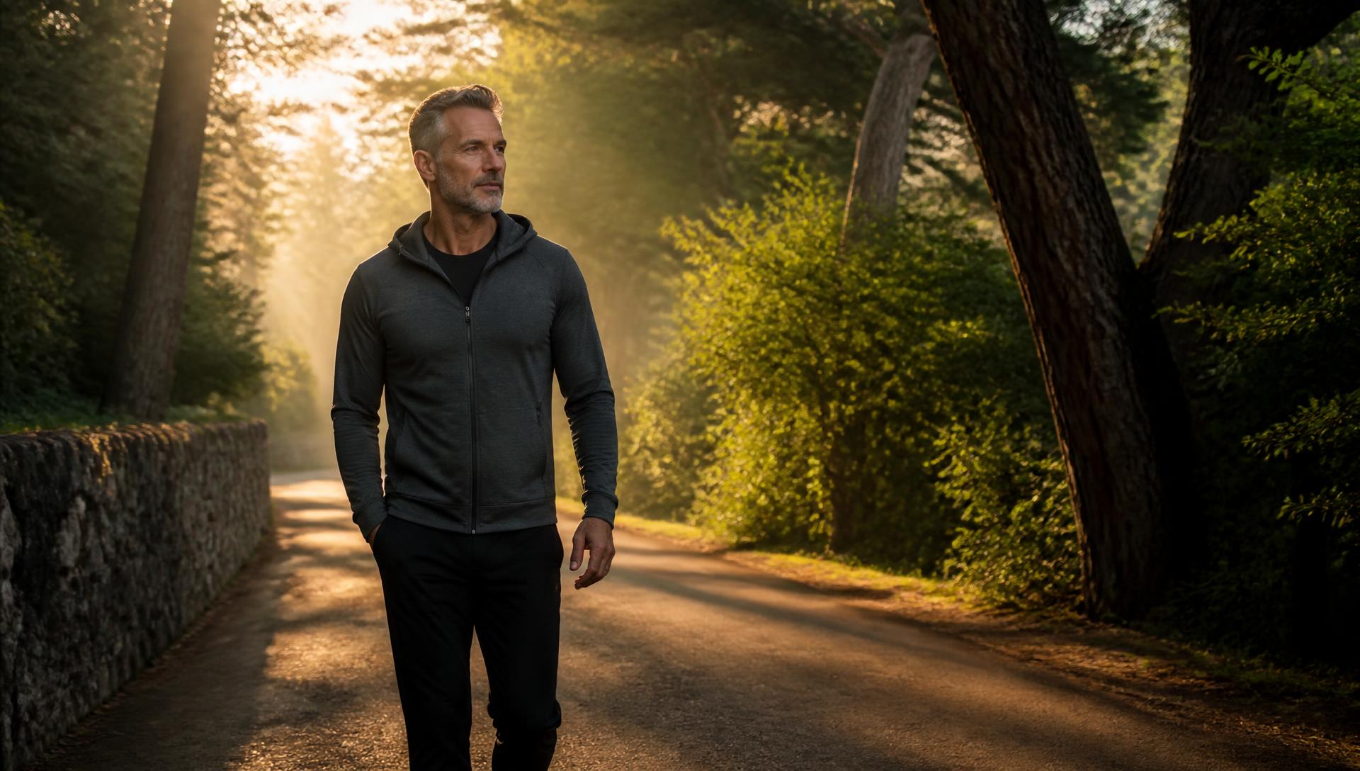 A man walking a quiet tree lined path at sunrise