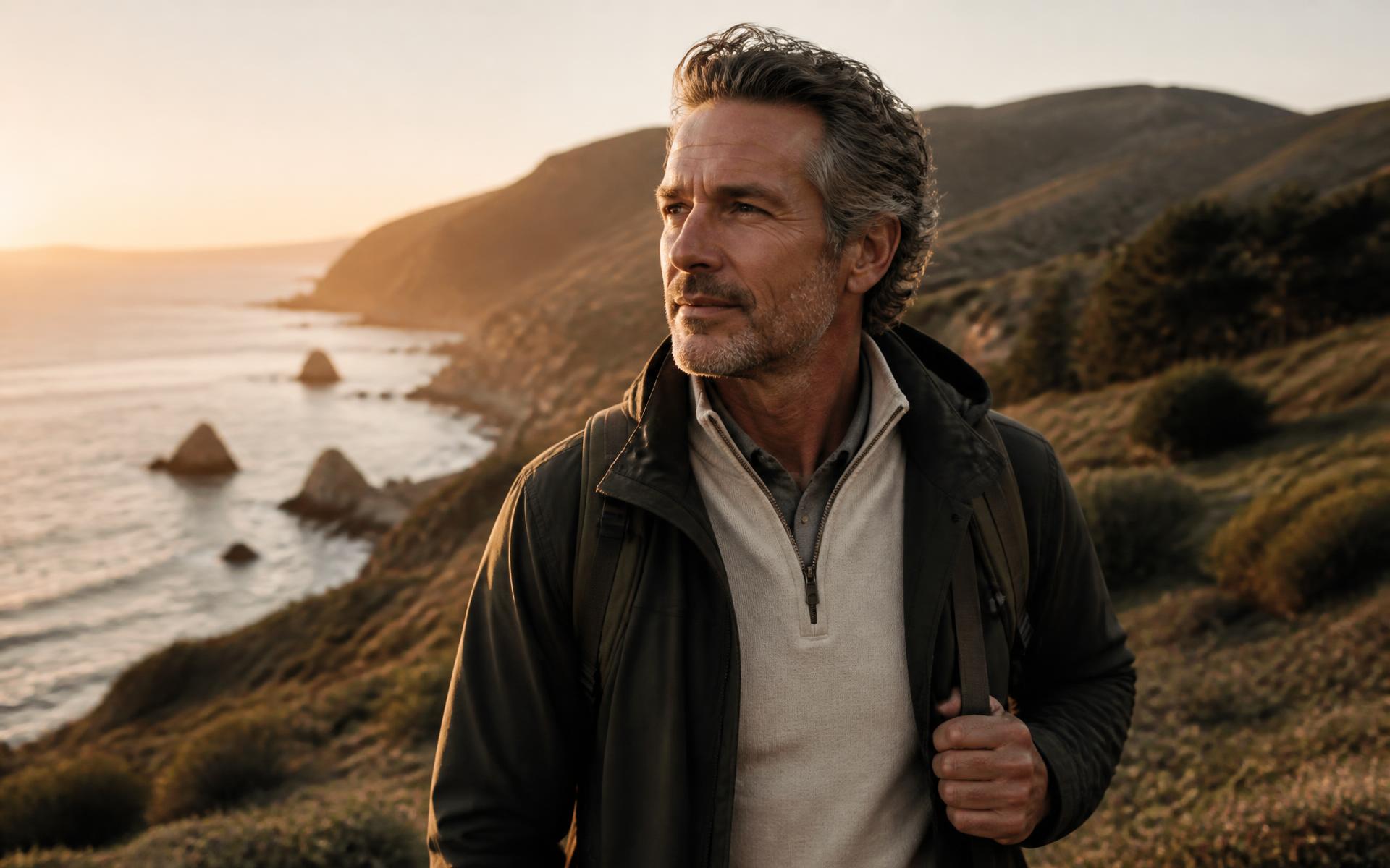 A healthy man in his fifties standing on a coastal hiking ridge at golden hour