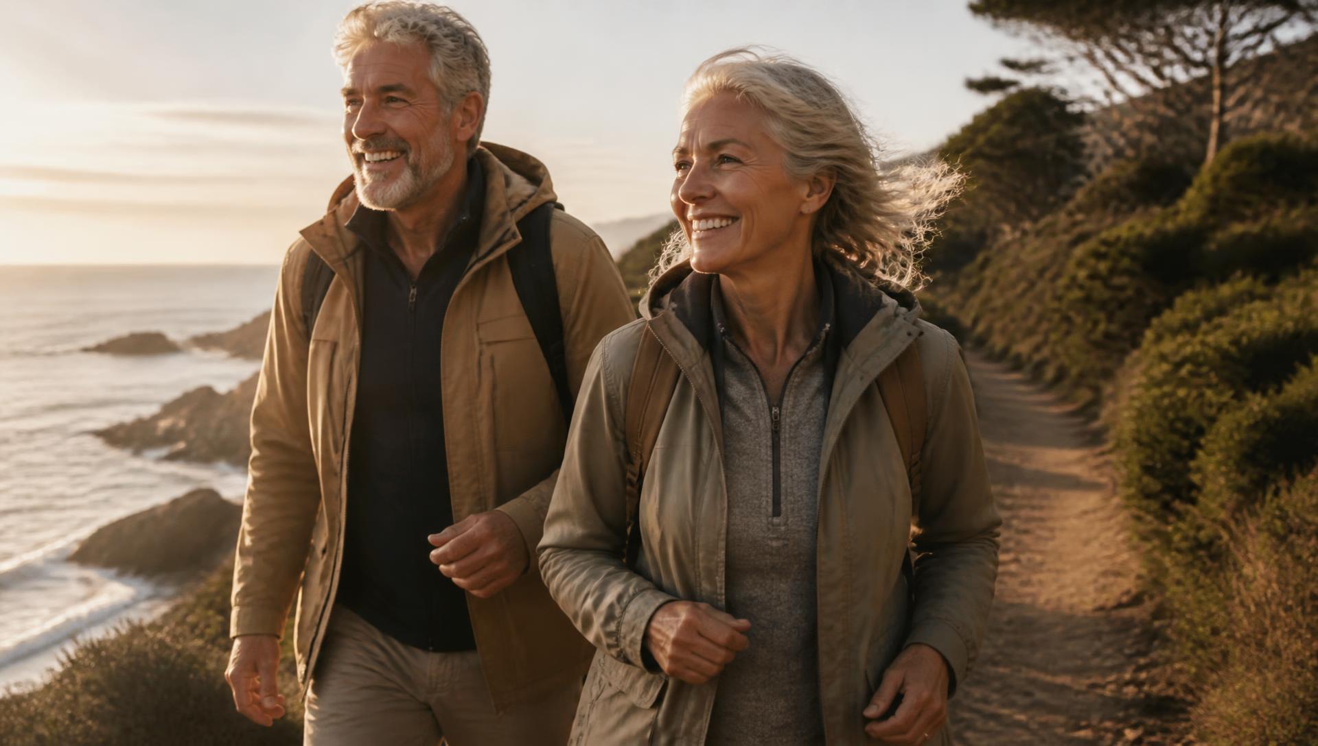 A couple walking a coastal trail at sunrise