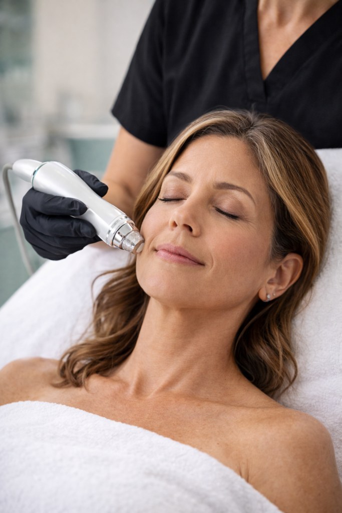 Women's Health: woman receiving advanced blood testing in a warm, luxurious Therapoint clinic