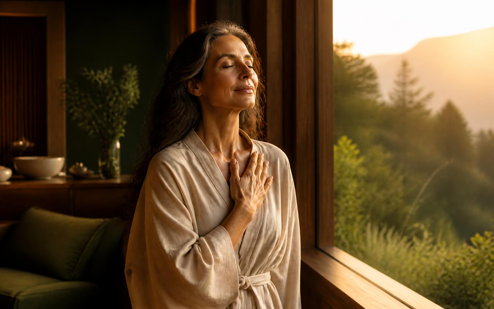 A woman standing at a sunlit window at dawn with her hand resting over her heart