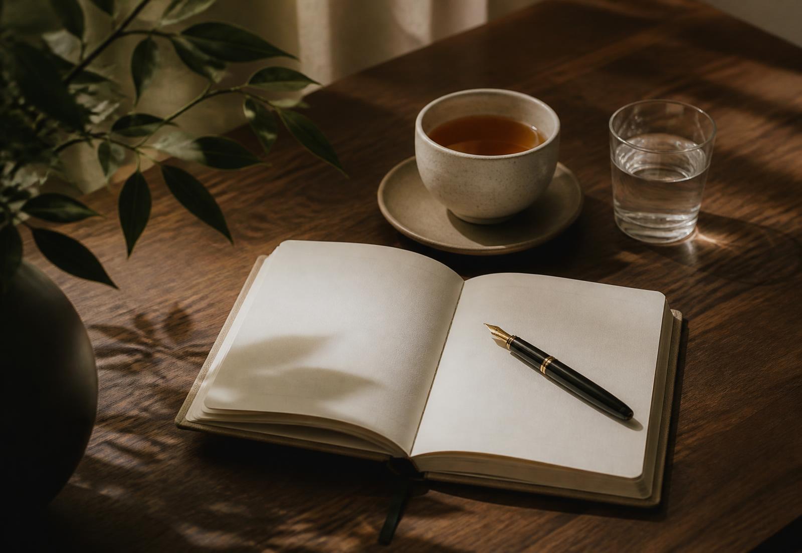 An open journal and fountain pen beside tea and a glass of water on a walnut table