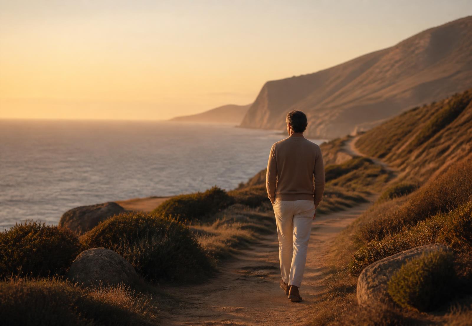 A man walking a coastal path at golden hour