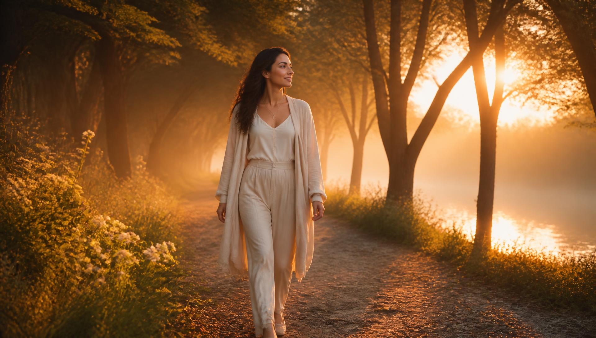 A woman walking a quiet tree lined path at sunrise