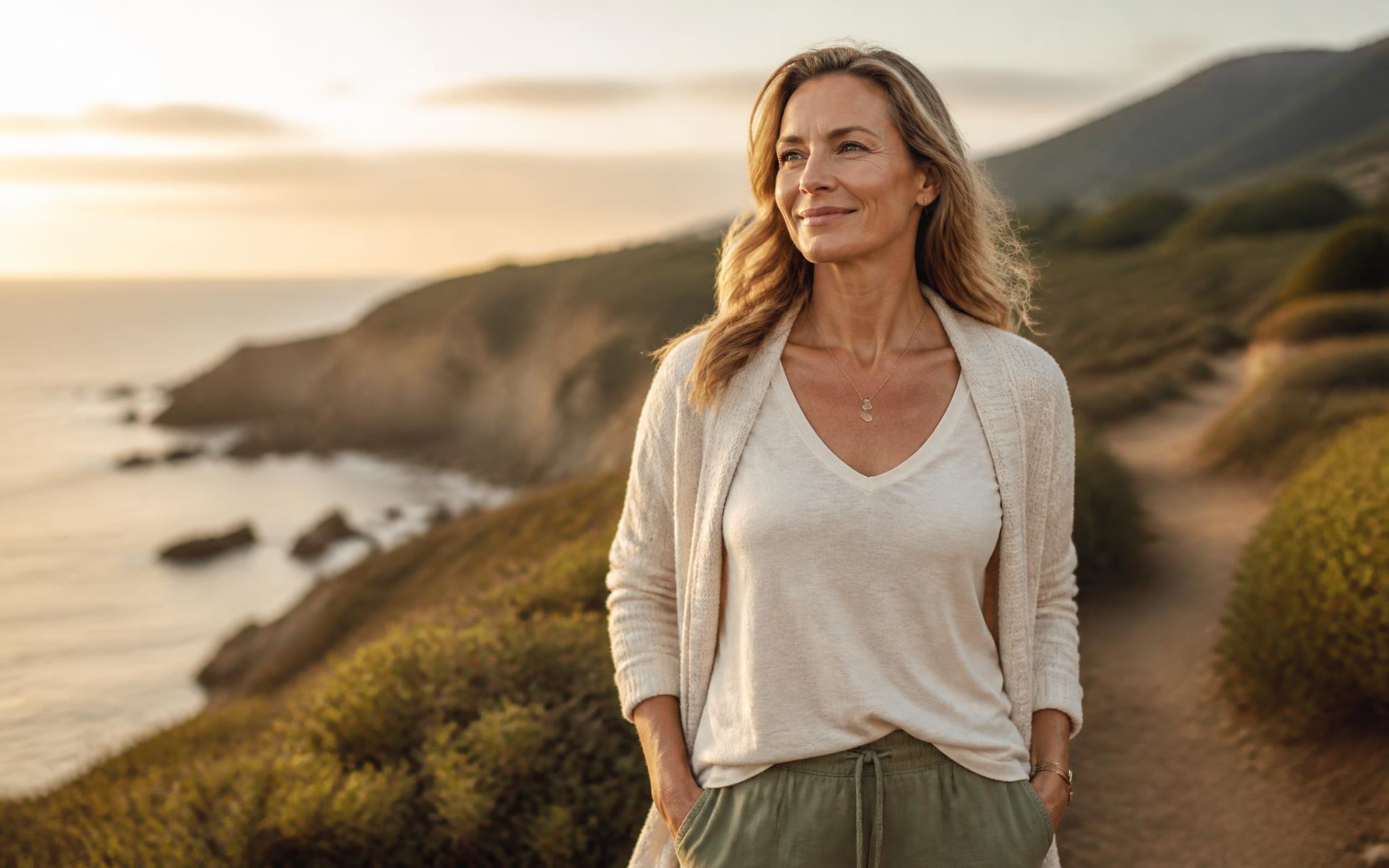 A healthy woman standing on a coastal trail at golden hour
